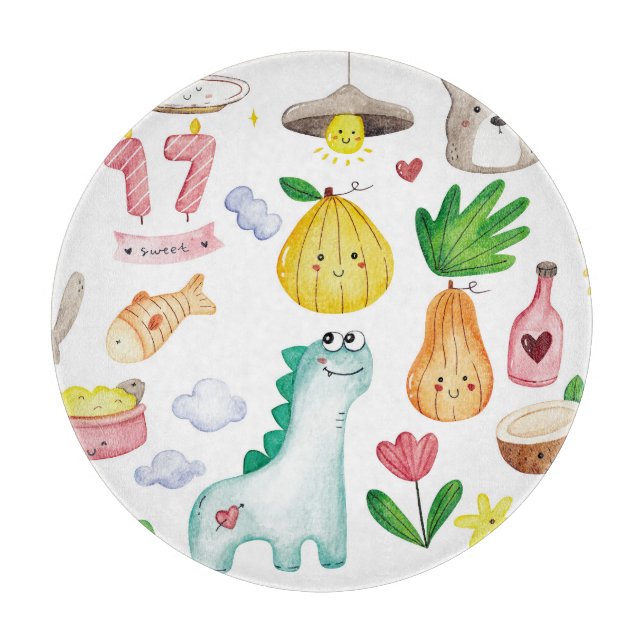 Planche À Découper Doodle aquarelle kawaii, prêt pour autocollant. (Devant)