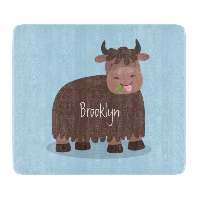 Planche À Découper Drôle joyeux yak mangeant de l'herbe dessin d'illu (Devant)