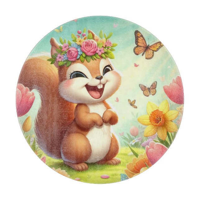 Planche À Découper Écureuil du printemps mignon et heureux (Devant)