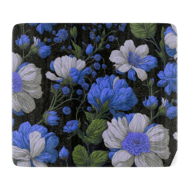 Planche À Découper Elégant bleu argenté blanc élégant floral rétro (Devant)