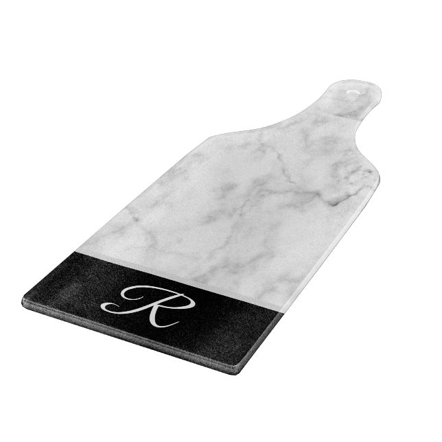 Planche À Découper Élégant marbre noir blanc Monogramme initial (Coin)