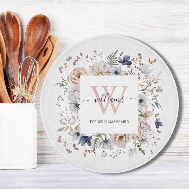 Planche À Découper Elegant Monogram Pretty Beige Blue Flowers Floral (In situ)