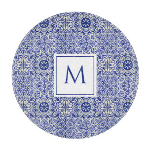 Planche À Découper Élégant Monogramme Bleu Blanc