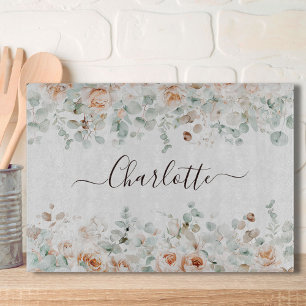 Planche À Découper Élégant Monogramme Rustique Rose Floral Verdure