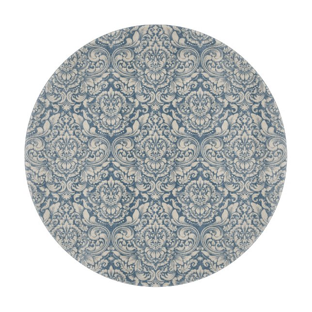 Planche À Découper Elégante Brocade baroque bleu Damas sur verre blan (Devant)