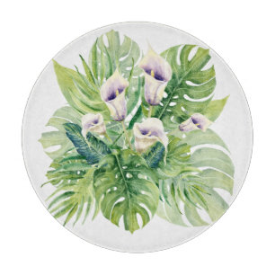 Planche À Découper Elégantes fleurs de Calla exotique et feuilles tro