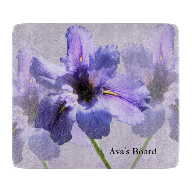 Planche à découper en verre avec Irises Bleues (Devant)
