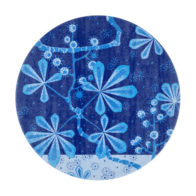 Planche à découper en verre rond de la fleur d'azu (Devant)