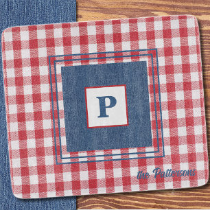 Planche À Découper En vichy rouge et blanc, verre Denim bleu