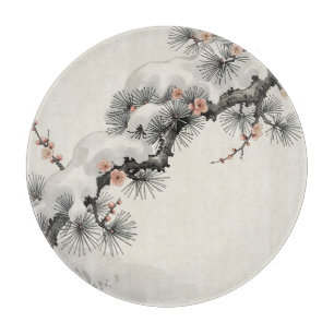 Planche À Découper Encre Japonaise Pin Prunier Fleurissant en Hiver