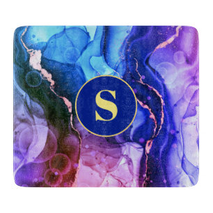 Planche À Découper Encre Liquide Bleue, Violette Et Rouge, Monogramme