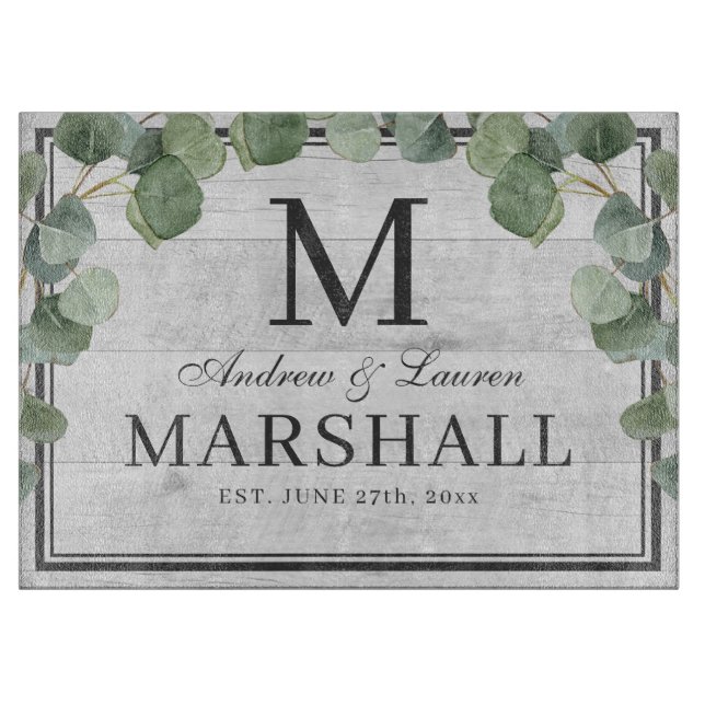 Planche À Découper Eucalyptus Vert Blanc Bois Couple Mariage Cadeau (Devant)