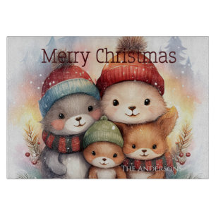 Planche À Découper Famille joyeuse de la forêt hivernale Noël Verre