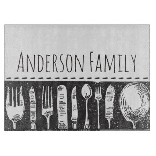 Planche À Découper Famille personnalisée Retro Illustrated Cutlery