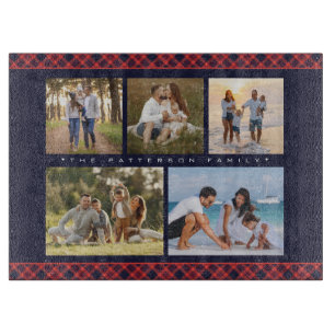 Planche À Découper Family Name 5 Photo Collage Red Plaid Modern