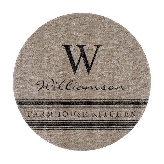 Planche À Découper Farmhouse Style Burlap Nom de famille monogramme (Devant)