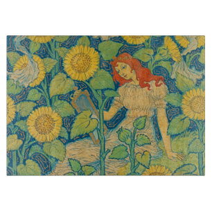 Planche À Découper Femme-fille de fleurs dans le jardin de tournesol