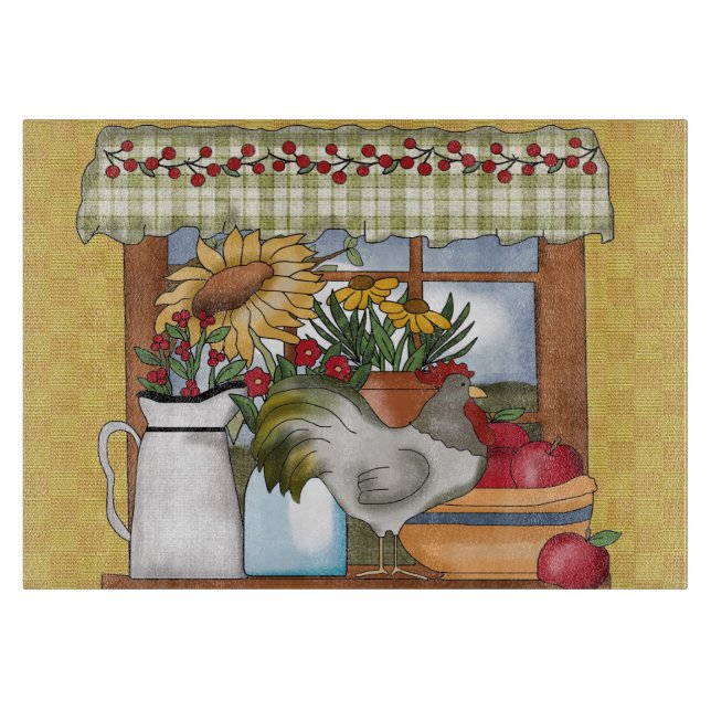 Planche À Découper Fenêtre de cuisine de pays, coq (Devant)