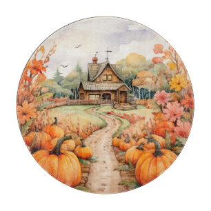 PLANCHE À DÉCOUPER FERME RUSTIQUE D'AUTOMNE AVEC CITROUILLES D'AUTOMN