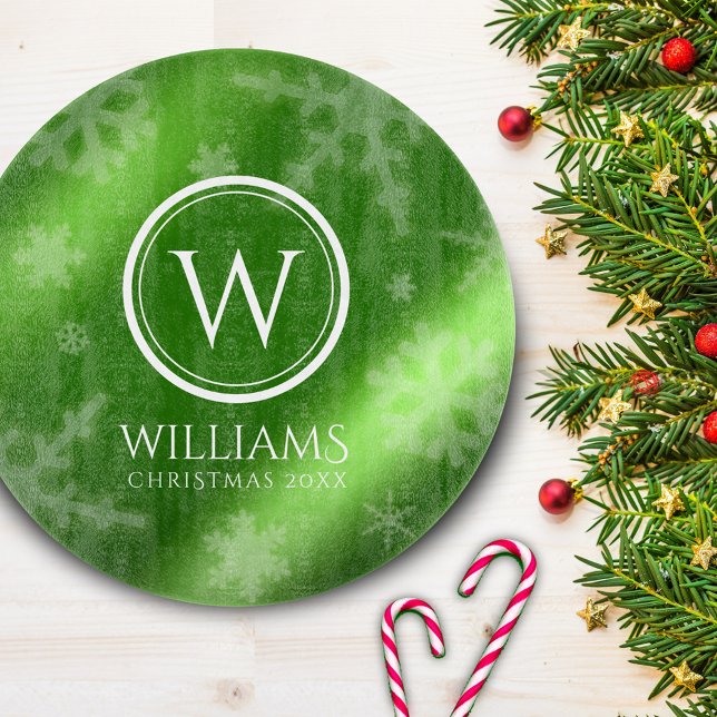 Planche À Découper Festif Green Foil Snowflakes Nom du monogramme (Créateur téléchargé)