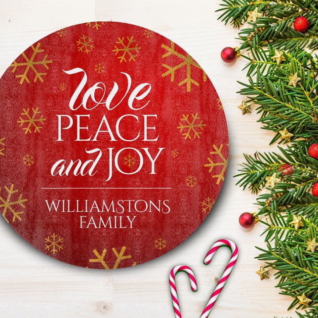 Planche À Découper Festive Red Love, Peace and Joy with Snowflakes (Créateur téléchargé)