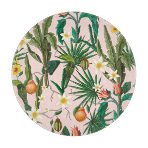 Planche À Découper Feuilles tropicales, fleur, motif de fruits.