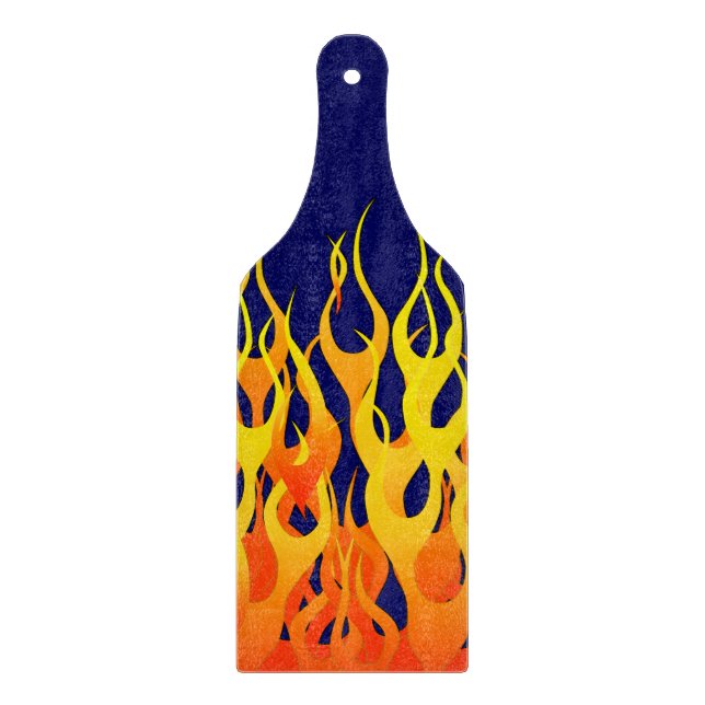 Planche À Découper Flammes de course classique sur bleu marine (Devant)