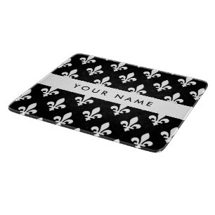 Planche À Découper Fleur de Lis, Blanc sur Noir, Blanc, Votre Nom