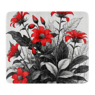 Planche À Découper Fleur rouge sur Plante noir blanc