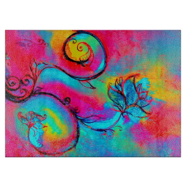 Planche À Découper FLEURS BLANCHES Turquoise Bleu Rose Orange (Devant)