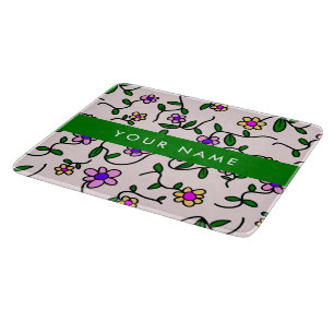 Planche À Découper Fleurs Colorées, Fond Rose, Vert