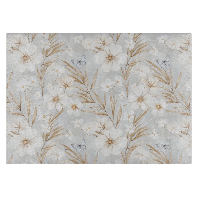 Planche À Découper Fleurs crème blanche papillons bleus douche de mar (Devant)