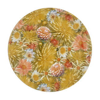 Planche À Découper Fleurs dahlia dorées, design vintage fleuri.