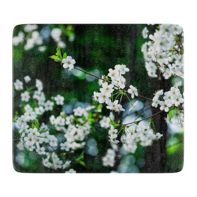 Planche À Découper Fleurs de cerisiers blancs Feuilles verts (Devant)