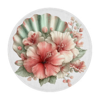 PLANCHE À DÉCOUPER FLEURS D'HIBISCUS ROUGE ET VERT D'ÉTÉ