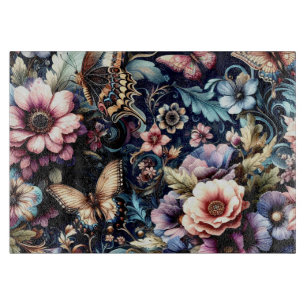 Planche À Découper Fleurs et papillons de printemps antiques Verre