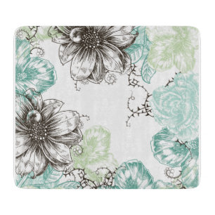 Planche À Découper Fleurs graphiques Vintages florales modernes Aqua 