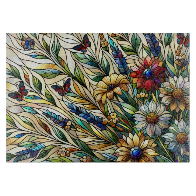 Planche À Découper Fleurs sauvages et papillons de design en verre (Devant)