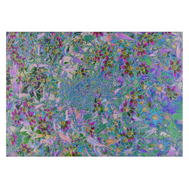 Planche À Découper Fleurs sauvages rétro violet, vert et bleu sur ros (Devant)