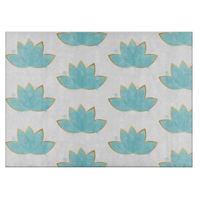 Planche À Découper Floral Lotus Aquarelle Mer Bleu & Faux Or (Devant)