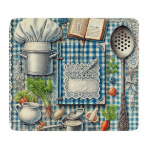 Planche À Découper Fournitures de cuisine vintages sur nappes bleues