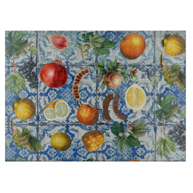Planche À Découper Fruit d'été méditerranéen & Mosaïque Bleue Blanc (Devant)