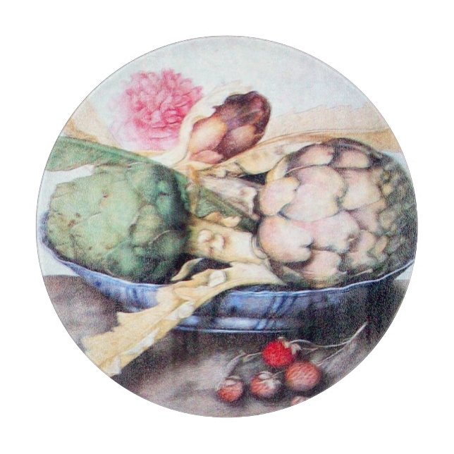 PLANCHE À DÉCOUPER FRUITS DE SAISON 4- ARTICHOKES, ROSE & FRAISES (Devant)