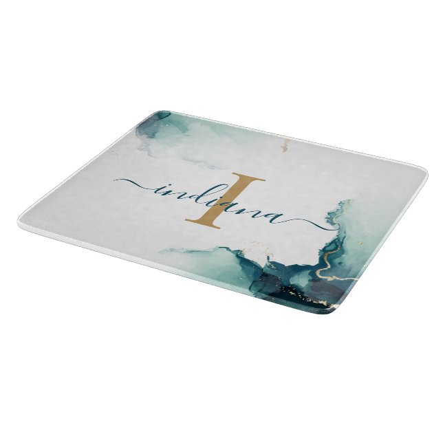 Planche À Découper Garde de luxe à monogramme moderne en agate script (Coin)