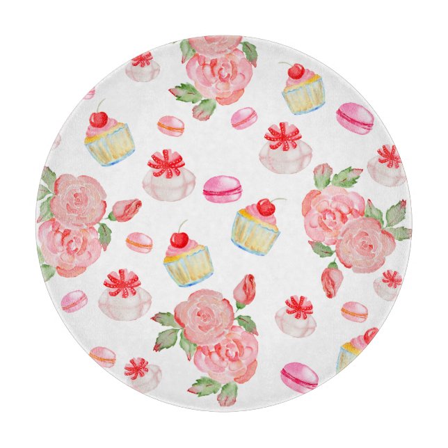 Planche À Découper Gâteaux sucrés et roses en aquarelle (Devant)