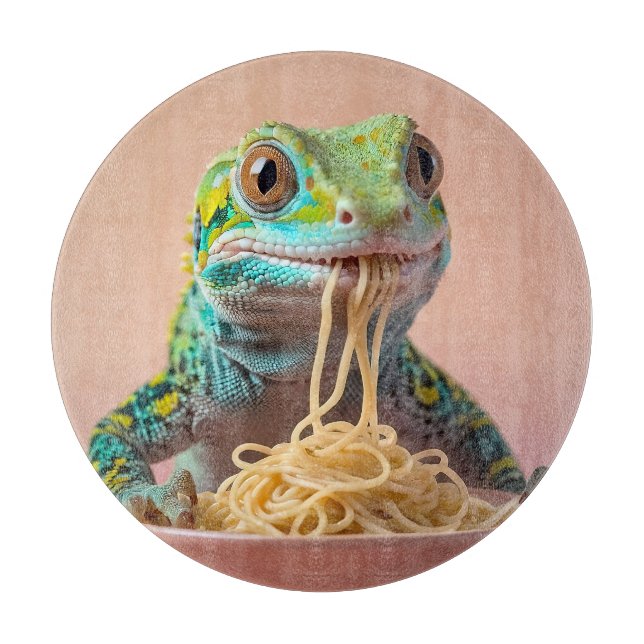 Planche À Découper Gecko Drôle Manger Spaghetti (Devant)