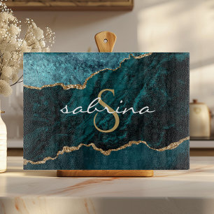 Planche À Découper Géode d'âge d'or bleu Turquoise Monogramme