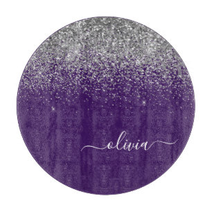 Planche À Découper Glam Monogram Purple Silver Parties scintillant