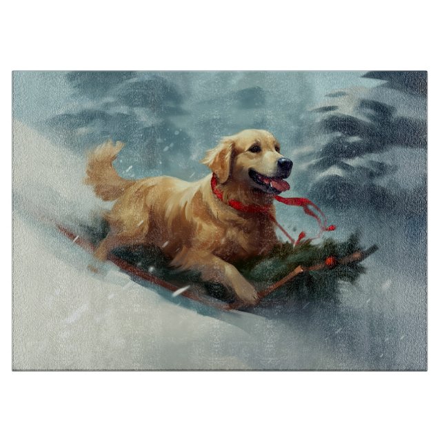 Planche À Découper Golden Retriers Noël neige hiver (Devant)