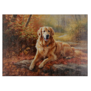 Planche À Découper Golden Retriever dans les feuilles d'automne qui t